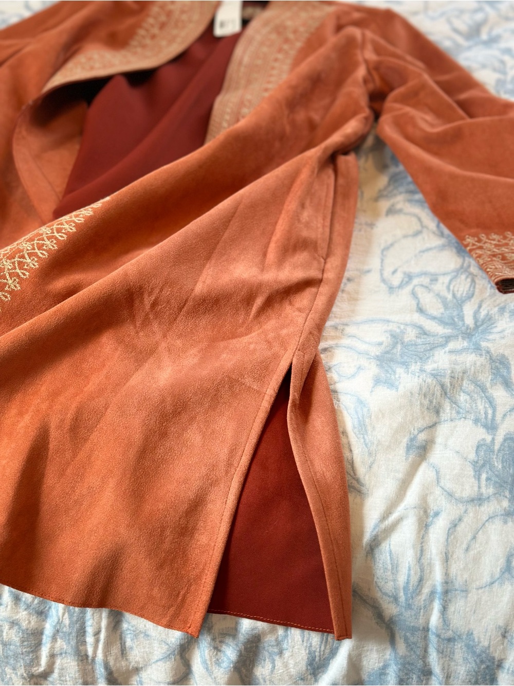 Soft Surroundings orange faux suede boho embroidered duster size L - Picture 10 of 10